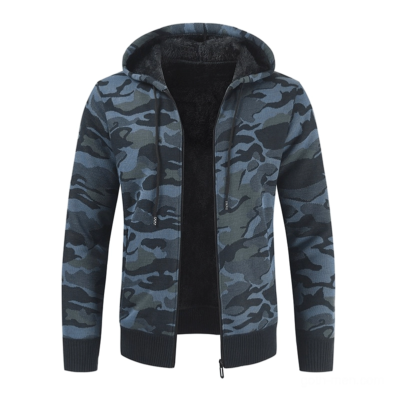 Camouflage hooded cardigan flat layout showcasing side zipper pockets and brown-gray tactical camo pattern