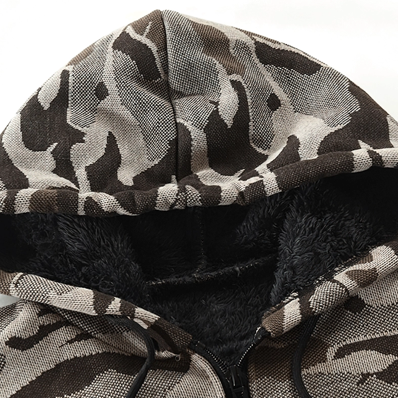 Close-up detail of camouflage knit hood and ultra-soft fleece inner lining on gothic hooded cardigan