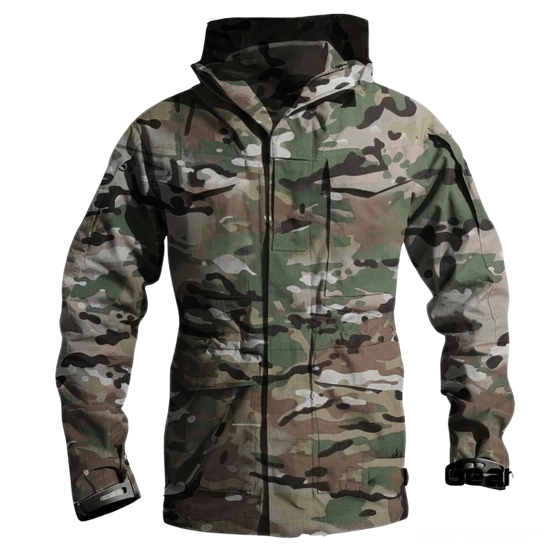 Camouflage tactical windbreaker jacket front view with military camo pattern zipper closure and adjustable cuffs
