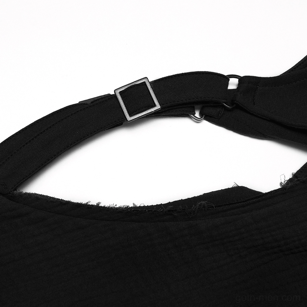 Adjustable square buckle strap detail with frayed fabric edge on cape vest