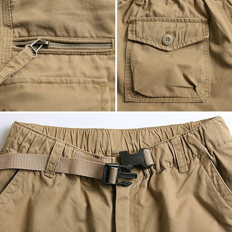Close-up macro detail shots of khaki cargo capri shorts zipper pocket, button pocket, and adjustable waist strap construction