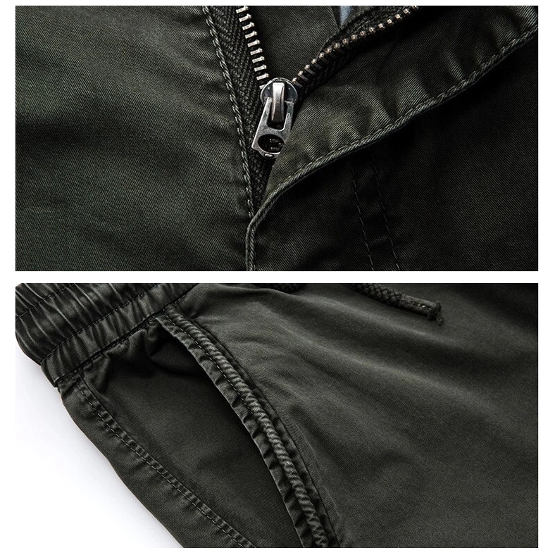 Cargo jogger pants flat lay full front view with multi-pocket architecture and elastic waistband
