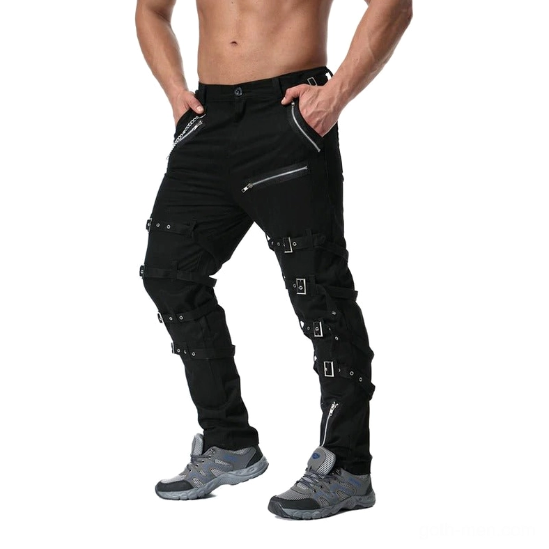 Cargo pants leg detail featuring buckle straps and decorative metal zipper elements