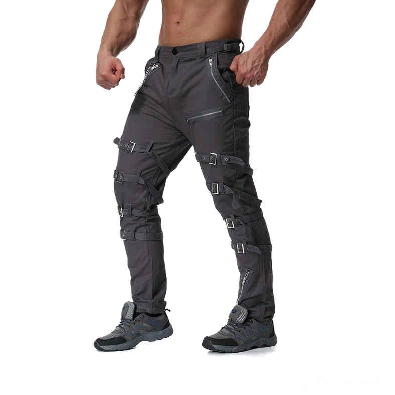 Cargo pants cargo pocket detail with metal zipper and buckle hardware close-up