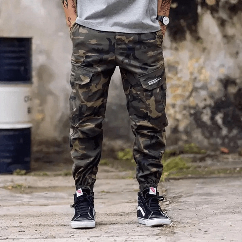 Cargo pants fabric texture and weave detail close-up for material quality