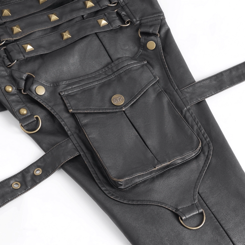 Cargo pocket detail showing black faux leather flap, d-ring attachments, and strap connections on gothic pants