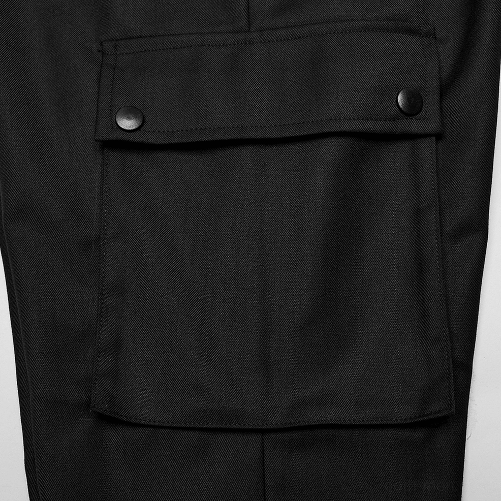 Cargo pocket flap with snap button closure on black mens gothic trousers, twill weave fabric detail