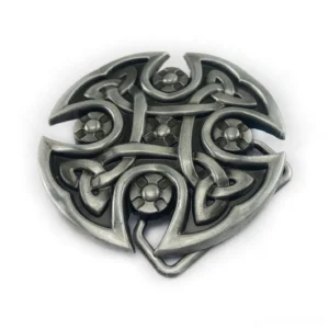 Celtic cross belt buckle front view - antique silver hollow carved knot pattern