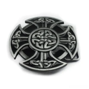 Round Celtic cross knot belt buckle overhead view, showing detailed engraved Celtic pattern with black enamel inlay, brushed antique silver finish