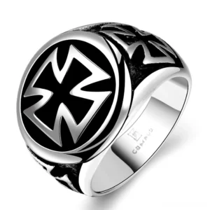 Celtic cross biker ring 316L stainless steel black silver gothic statement jewelry front view