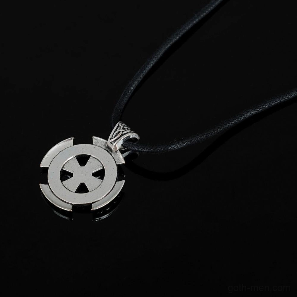 Reversible Celtic cross pendant back side with black leather cord chain on dark matte background
