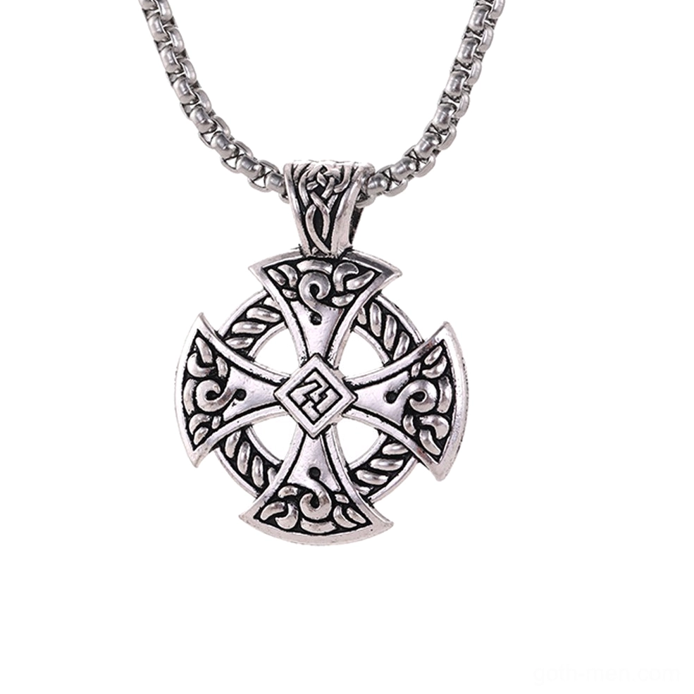 Celtic cross shield pendant with silver chain showing central square knot detail, top oblique shooting view