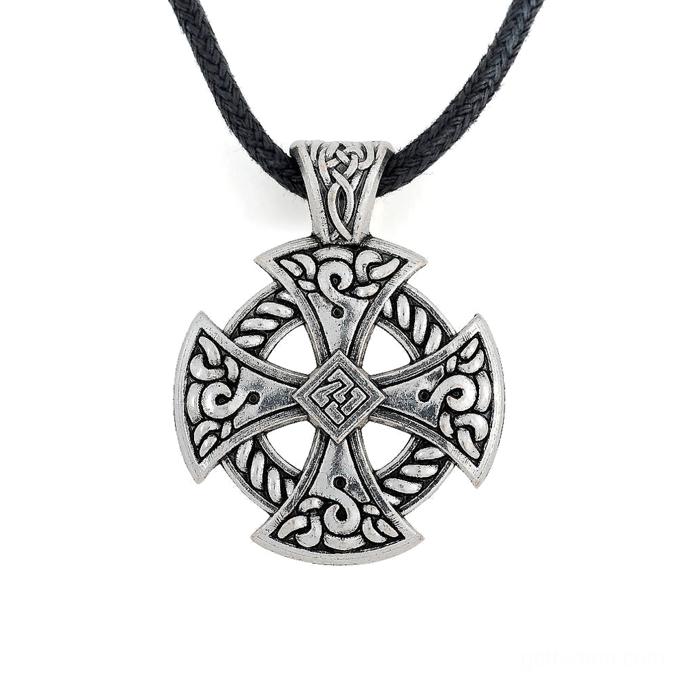 Celtic cross shield pendant necklace with antique silver finish and black braided rope chain, flat lay front view