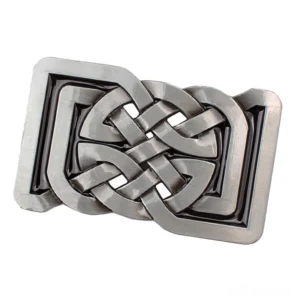 Celtic knot gothic belt buckle with antiqued silver finish and black enamel, left oblique front view showcasing interwoven knot pattern
