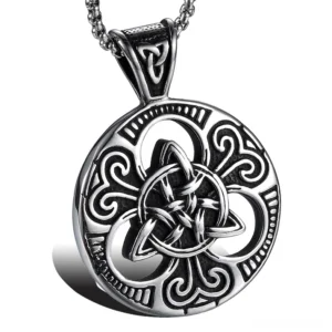 Celtic knot cross shield stainless steel gothic pendant necklace front view intricate carved patterns