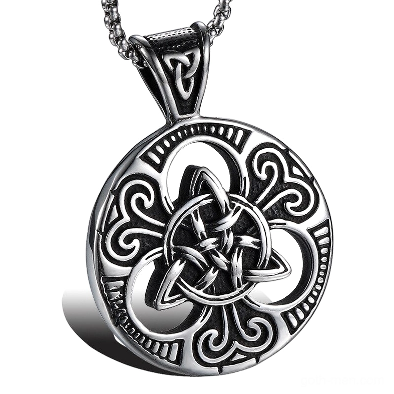 Celtic knot cross shield stainless steel gothic pendant necklace front view intricate carved patterns