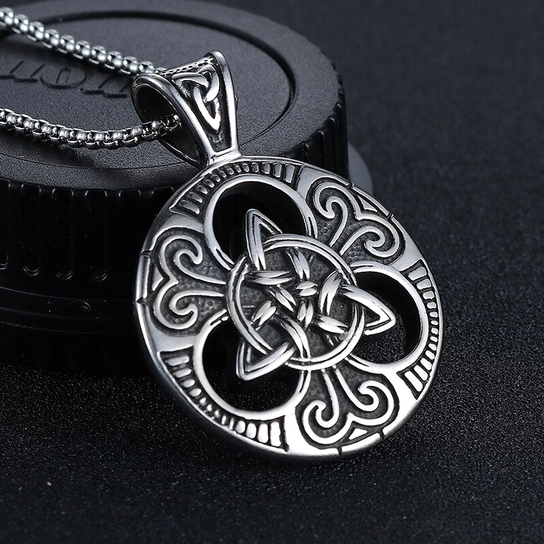 Celtic knot gothic pendant necklace with chain oblique view detailed bail Celtic symbol