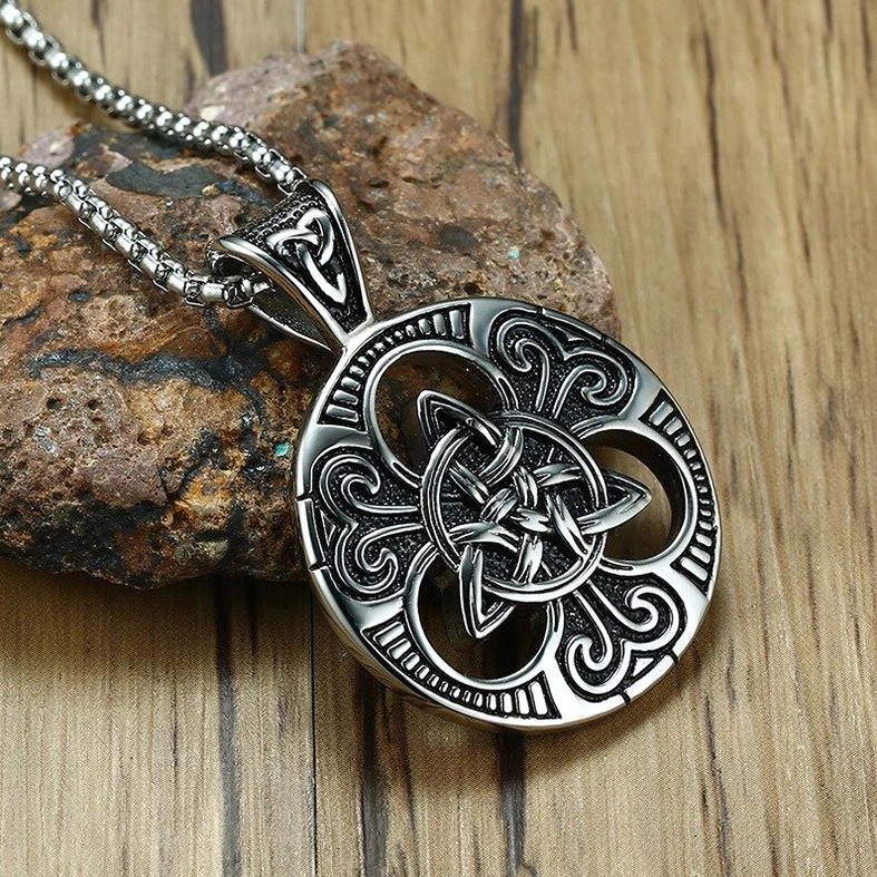Silver Celtic knot gothic pendant with box chain vintage aesthetic side angle