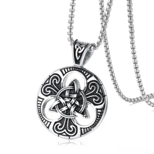 Silver Celtic knot pendant with box chain necklace side profile vintage finish
