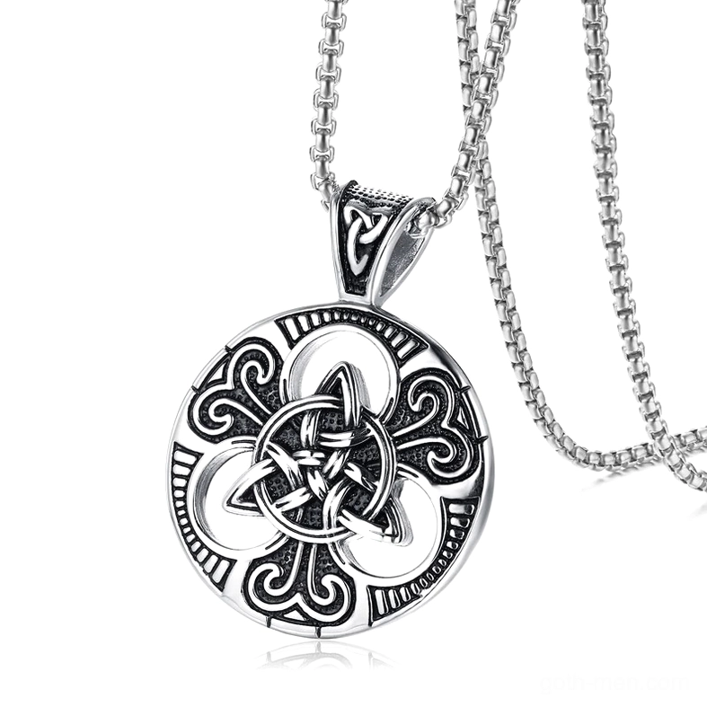 Silver Celtic knot pendant with box chain necklace side profile vintage finish