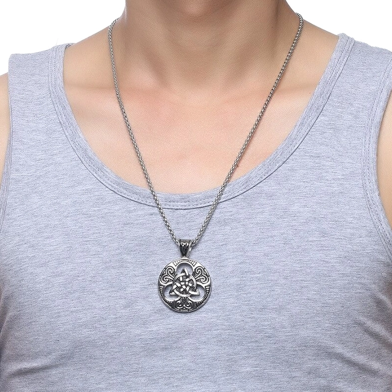 Male model wearing Celtic knot gothic pendant necklace casual daily wear