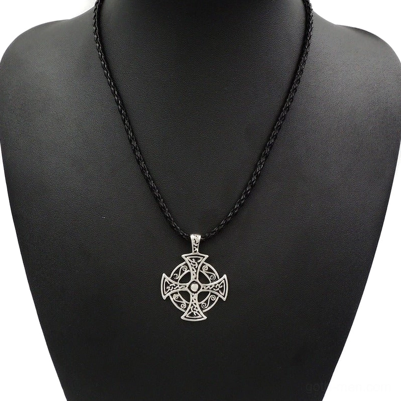 Celtic solar cross necklace worn on mannequin black leather cord silver metal gothic pendant display