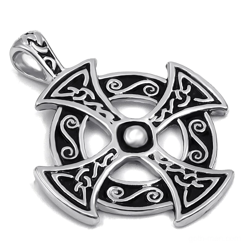 Celtic solar cross pendant angled side view detail silver tone metal intricate knot engraving