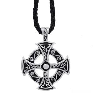 Celtic solar cross pendant necklace silver pewter with black enamel front view flat lay gothic jewelry