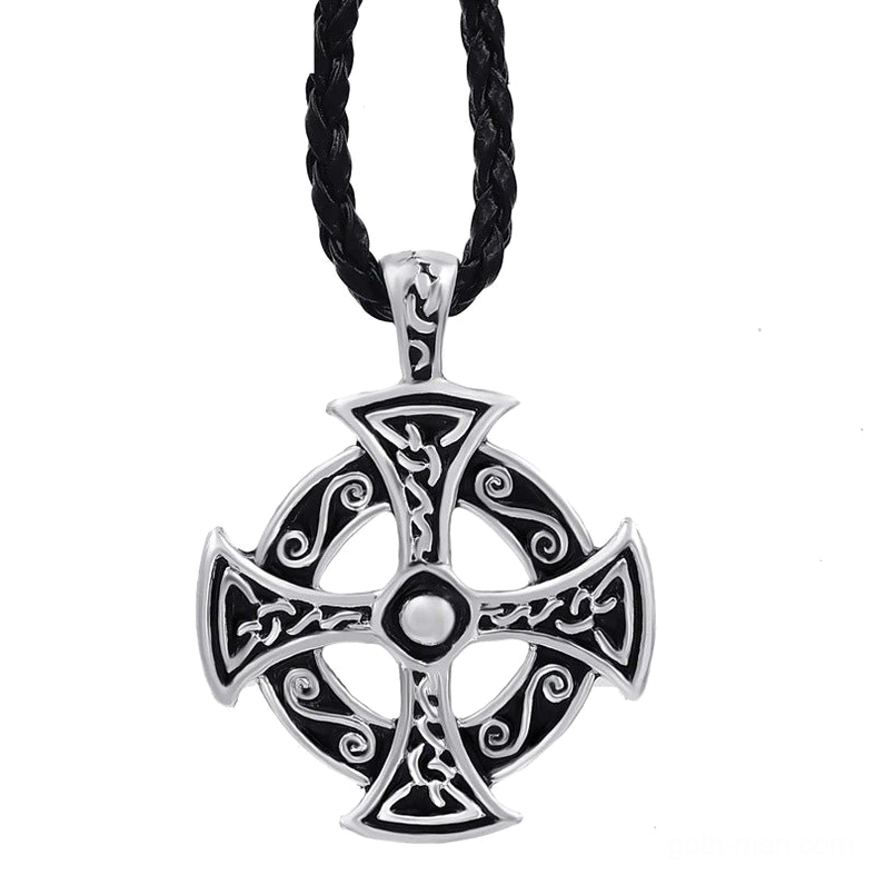 Celtic solar cross pendant necklace silver pewter with black enamel front view flat lay gothic jewelry