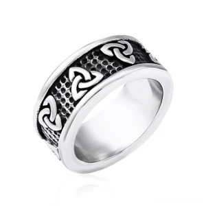 Celtic triquetra stainless steel gothic ring front view with silver-black finish and embossed knot patterns