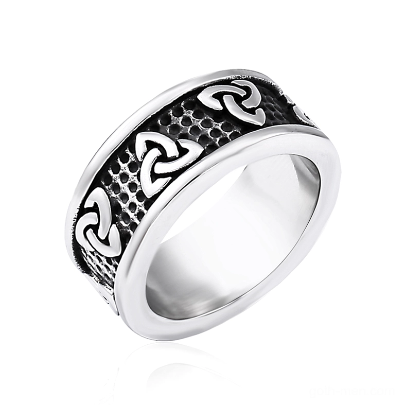 Celtic triquetra stainless steel gothic ring front view with silver-black finish and embossed knot patterns