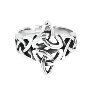 Polished stainless steel Celtic triquetra ring front top view with interlocking trinity knot motif, ideal for gothic style and alternative fashion
