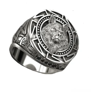 Vintage Celtic wolf ring with carved tribal engravings on the band, side profile showing intricate metalwork detail