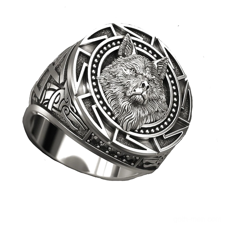 Vintage Celtic wolf ring with carved tribal engravings on the band, side profile showing intricate metalwork detail
