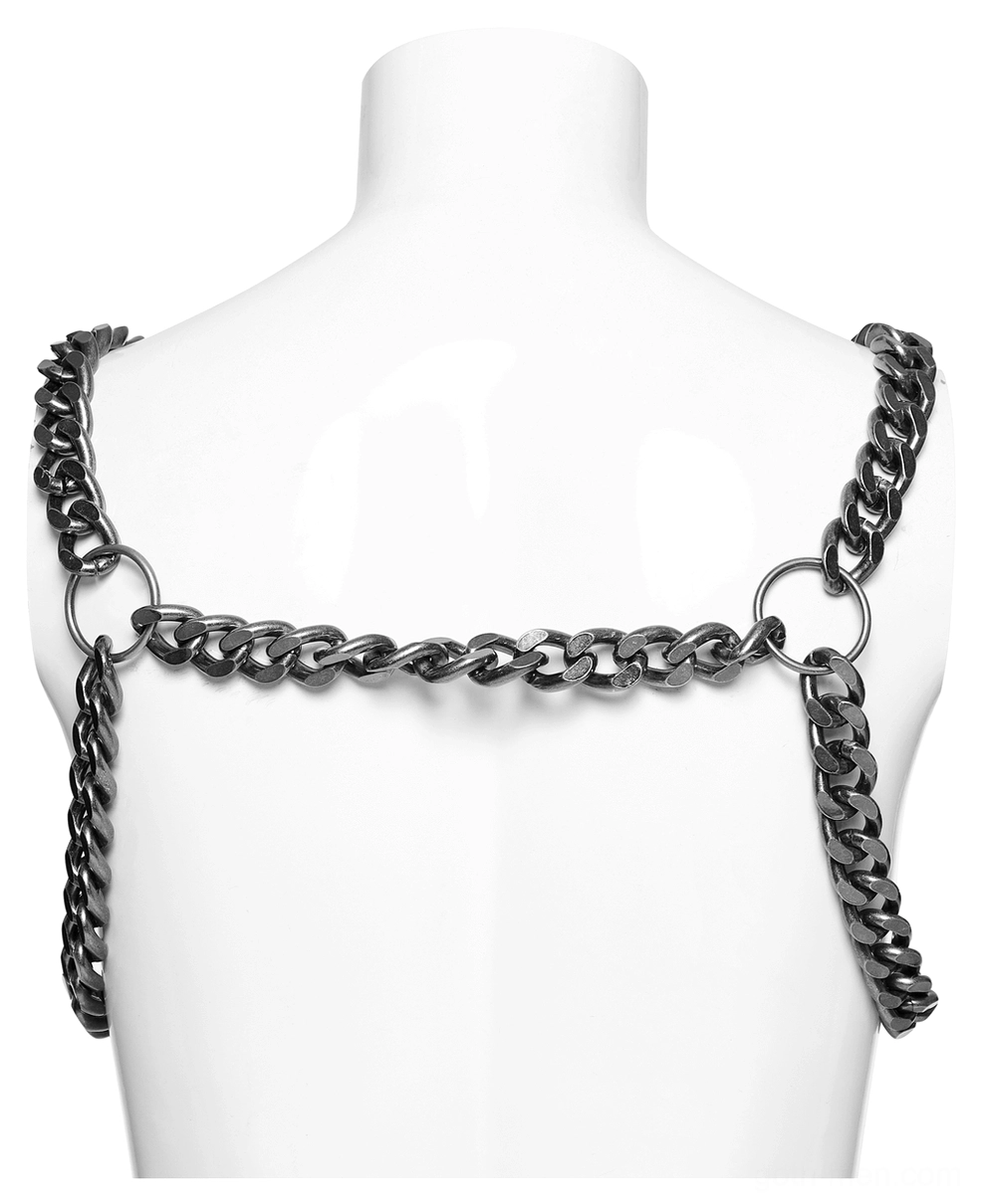 Back view of gothic silver chain harness on mannequin displaying rear O-ring structure and chain connections
