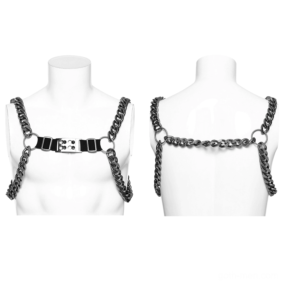 Front and back mannequin display of antique silver chain chest harness with gunmetal hardware and black webbing