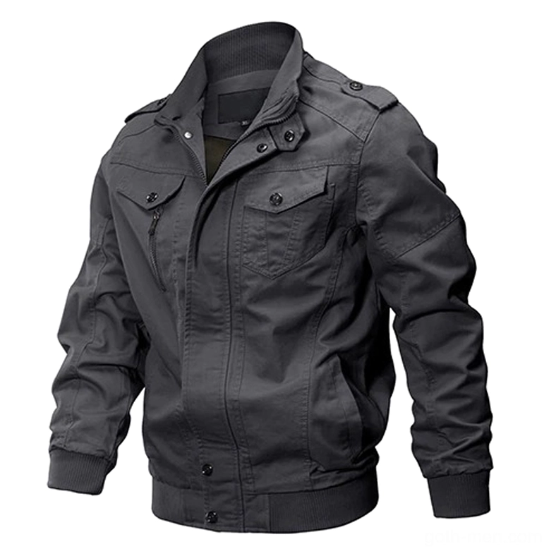 Dark grey military cotton jacket ribbed hem cuffs flap pockets industrial goth aesthetic