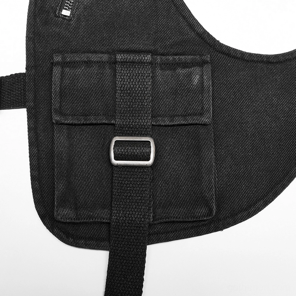 Close-up of chest vest pocket with metal slide buckle and dual small compartments, silver hardware detail