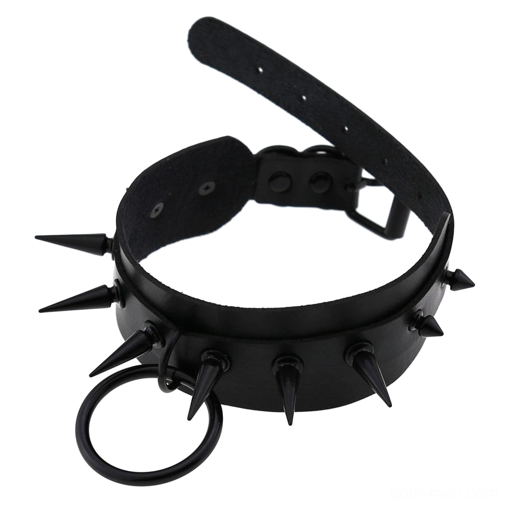 Gothic spiked choker necklace showing adjustable buckle and strap construction