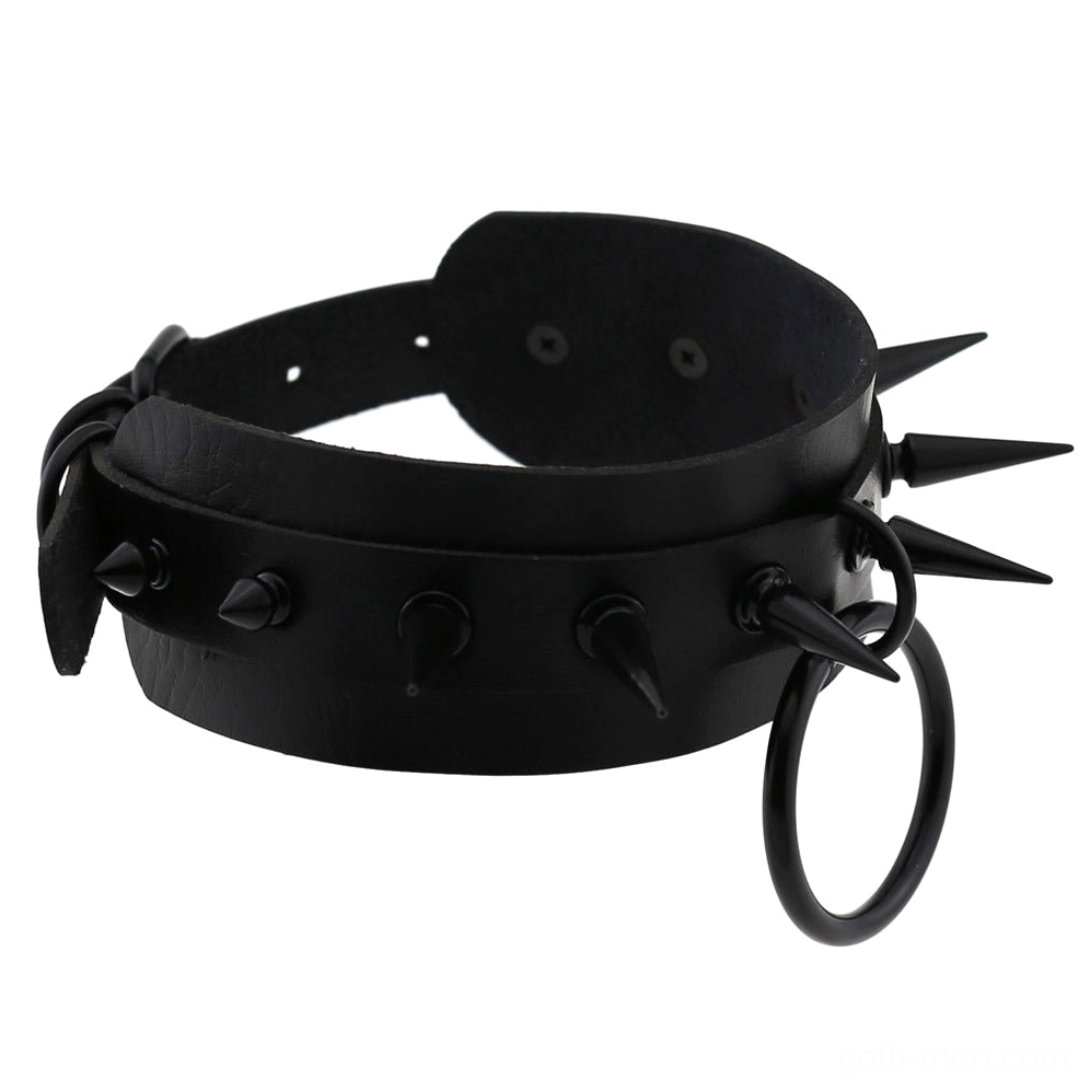 Spiked leather choker detail shot showing metal O-ring and spike stud craftsmanship