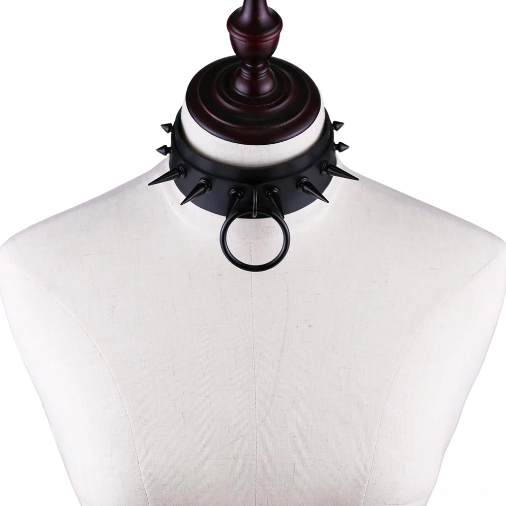 Close-up of gothic choker metal hardware and leather strap texture detail