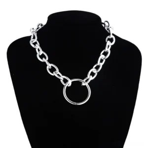 Punk style circle pendant choker necklace with thick silver chain and round charm, alternative jewelry mannequin display