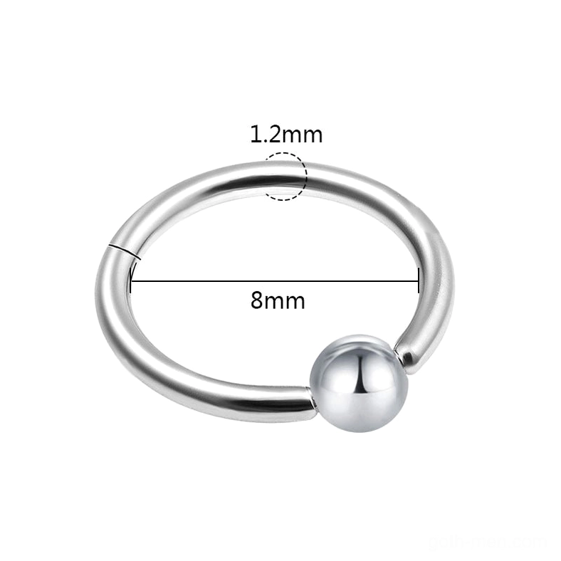 technical specification view silver clicker nose ring showing 8mm diameter and 1.2mm bar thickness dimensions
