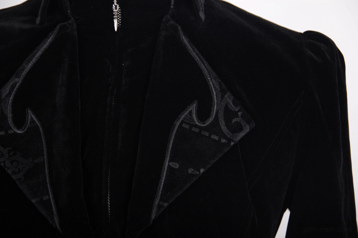 Detailed view of steampunk coat lapel with embroidered trim and inner zipper collar construction