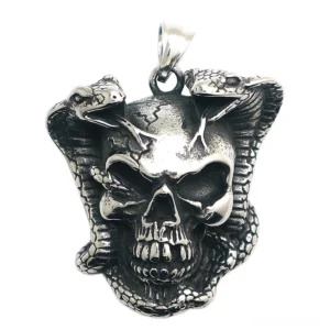 Cobra skull pendant necklace front view - gothic stainless steel jewelry with twin serpents
