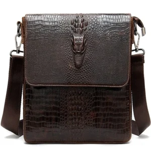 Coffee brown crocodile embossed leather messenger bag - dark vintage shoulder bag for men with textured reptile pattern