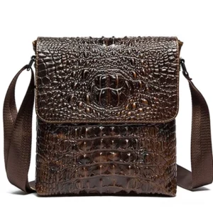 Coffee brown crocodile embossed leather shoulder bag with adjustable fabric strap, front facing