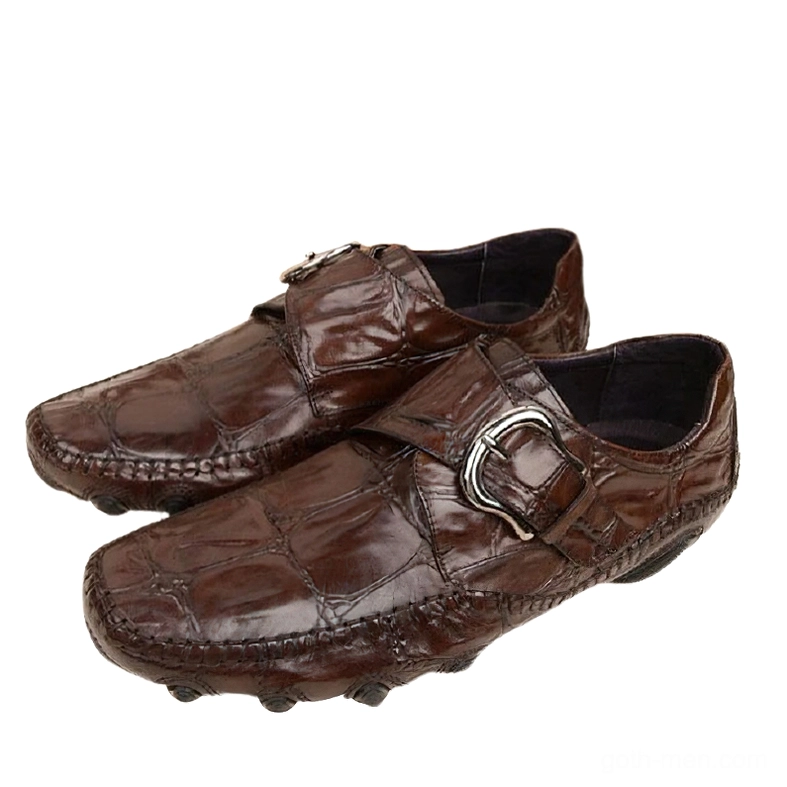 Coffee brown crocodile leather loafers flat pair view, showing both shoes side by side