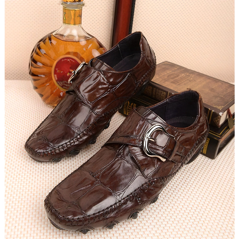 Coffee brown crocodile embossed loafers product photography highlighting genuine leather quality