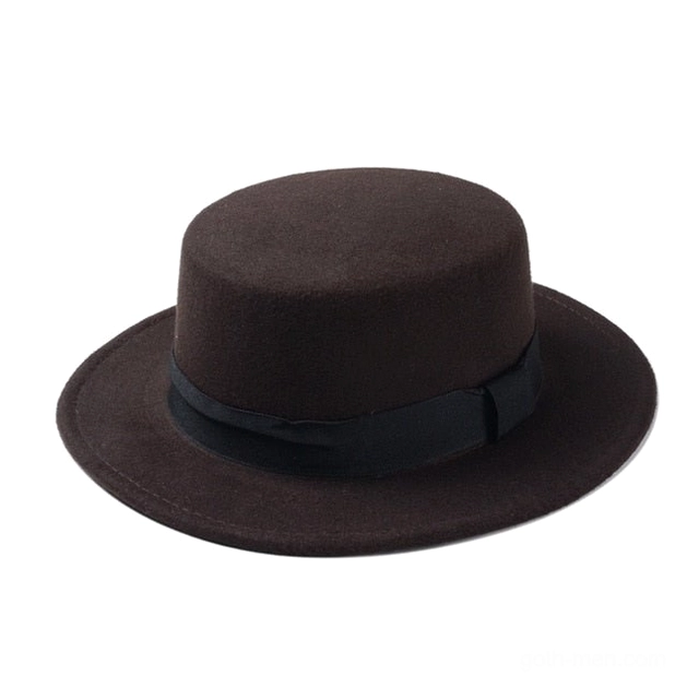 Dark coffee brown wool felt flat top fedora with black satin ribbon, front view steampunk gothic style